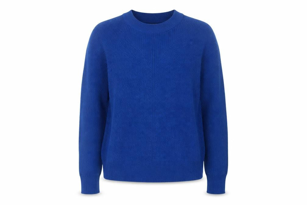 Front view of TIFFOSI women’s blue round neck acrylic jumper, size XS