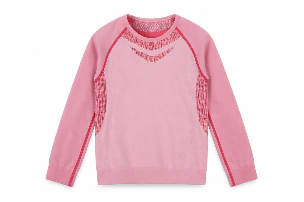 Front view of Crivit girls’ pink polyester basic t-shirt, size 6-7, years round neck