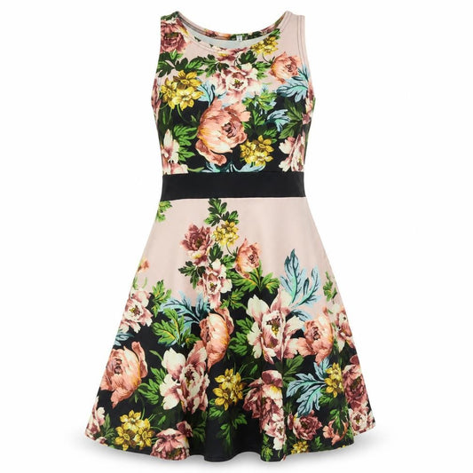 Front view of women’s multicoloured floral polyester trapeze & swing, size UK 8, round neck