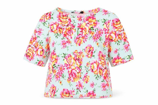 Front view of Preworn women’s multicoloured floral polyester basic blouse, size S, round neck