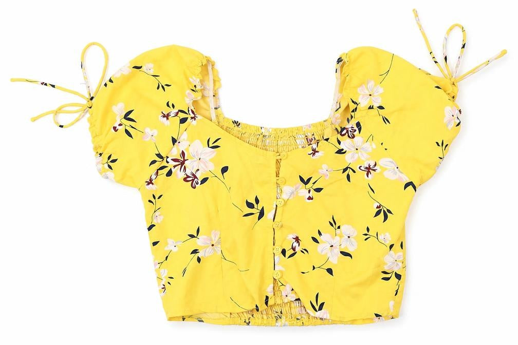 Front view of Chemistry women’s yellow floral polyester basic blouse, size UK 10, round neck