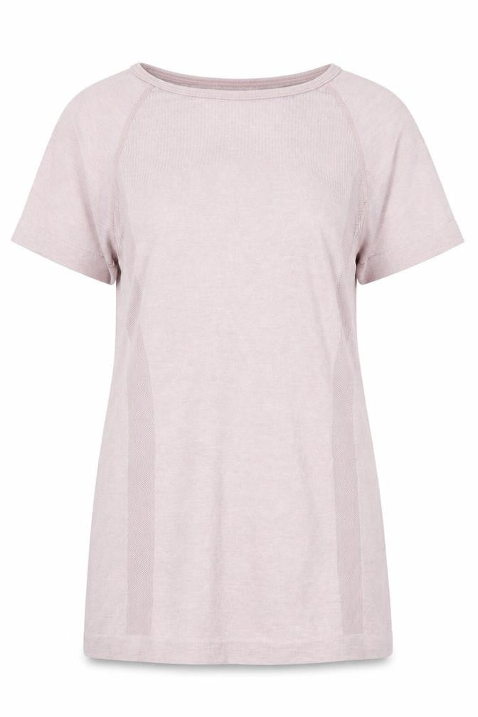 Front view of WorkOut women’s pink polyester basic t-shirt, size UK 8, round neck