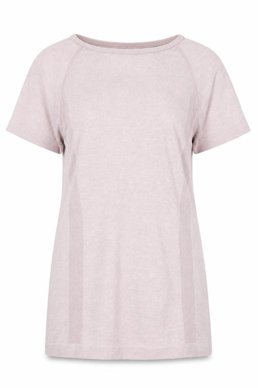 Front view of WorkOut women’s pink polyester basic t-shirt, size UK 8, round neck