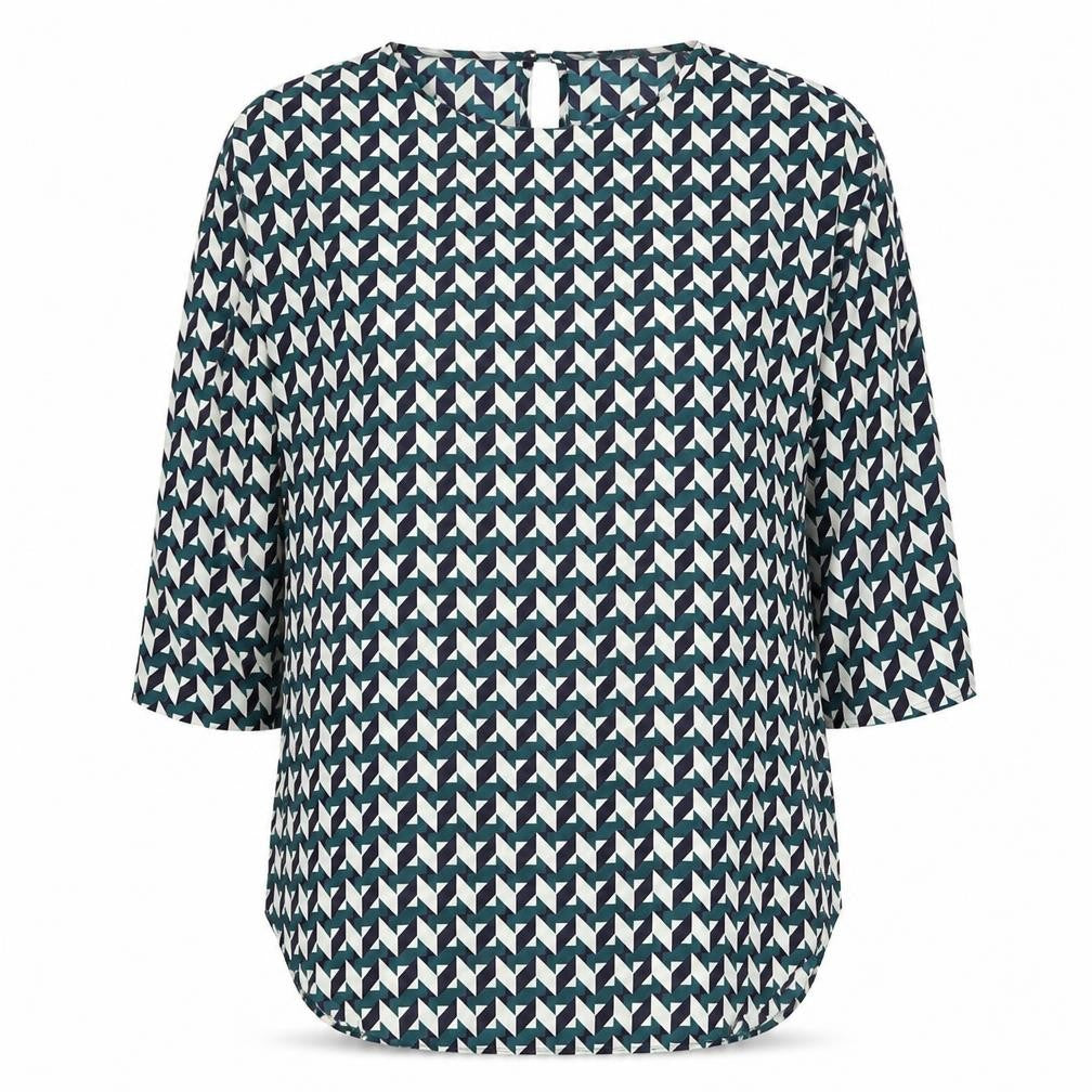 Front view of Primark women’s multicoloured geometric polyester basic blouse, size UK 8, round neck