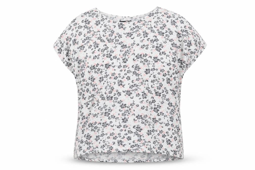 Front view of New Look women’s white round neck floral polyester jumper, size UK 12