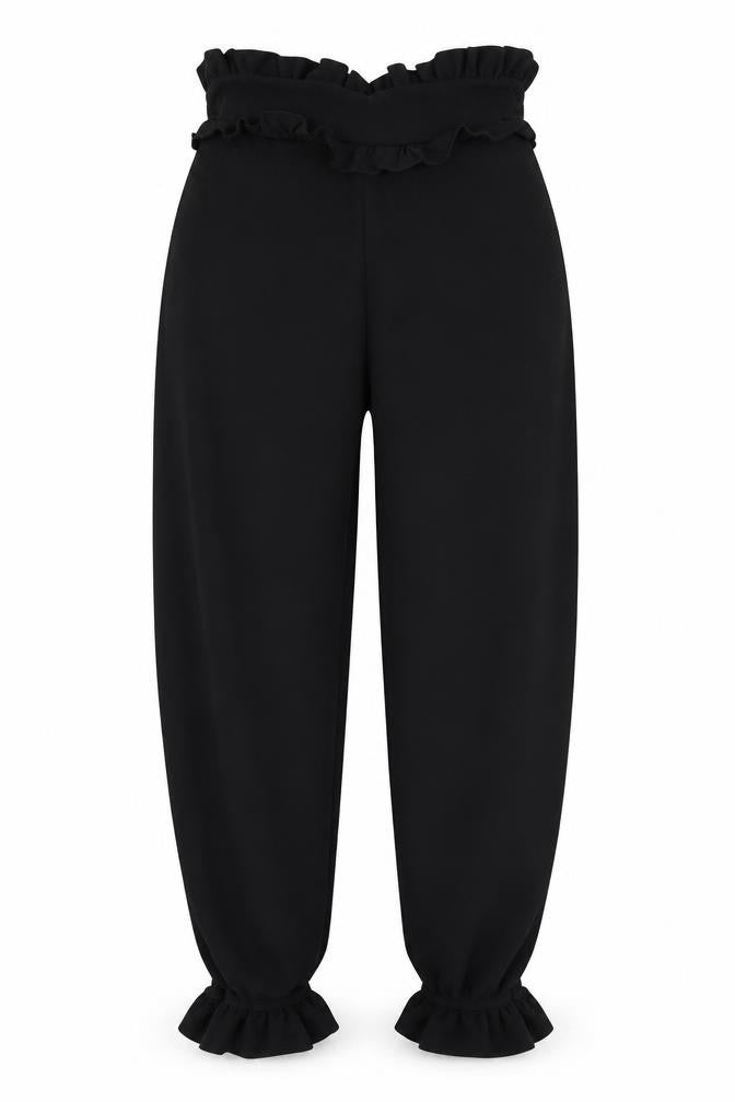 Front view of PRETTYLITTLETHING women’s black polyester trousers, size UK 8, 23-inch leg regular