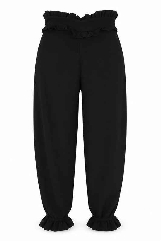 Front view of PRETTYLITTLETHING women’s black polyester trousers, size UK 8, 23-inch leg regular