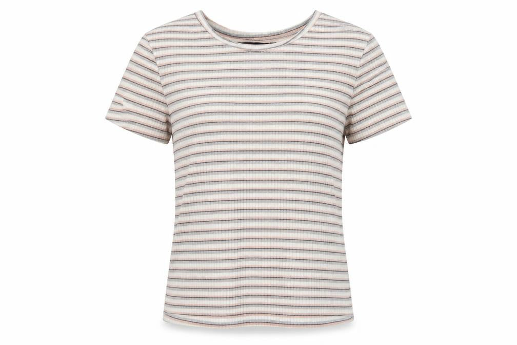 Front view of Primark girls’ multicoloured striped polyester basic t-shirt, size XS, round neck
