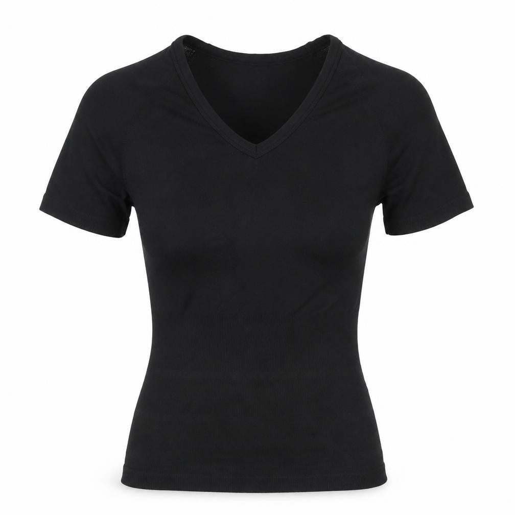 Front view of Preworn women’s black nylon basic t-shirt, size S, v-neck