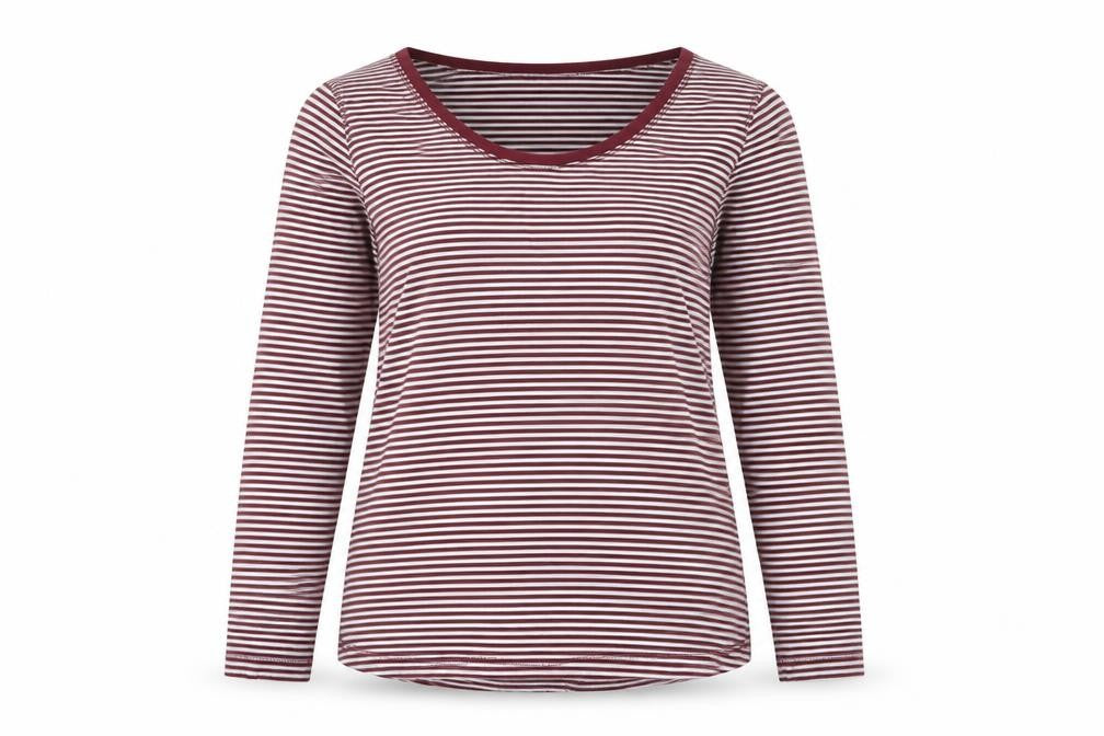 Front view of Dunnes women’s purple striped polyester basic t-shirt, size UK 12, round neck