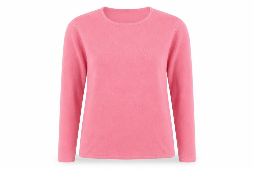 Front view of Bonmarché women’s pink round neck acrylic jumper, size M