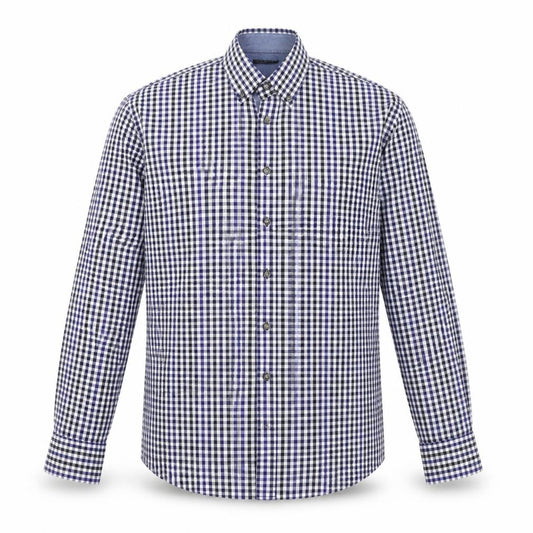 Front view of Pretend men’s blue plaid cotton button-up, size M, collared button