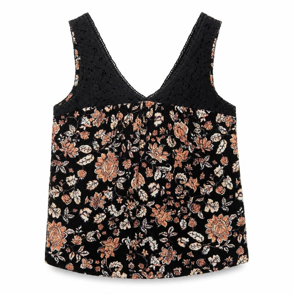 Front view of Lily White women’s black floral polyester basic tank, size XS, v-neck