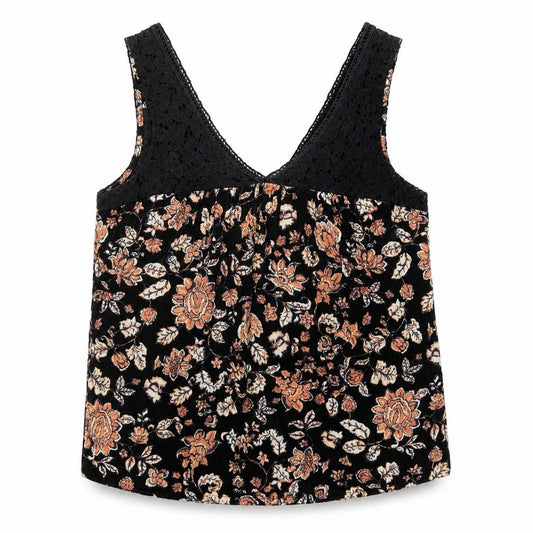 Front view of Lily White women’s black floral polyester basic tank, size XS, v-neck