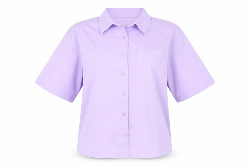 Front view of SHEIN women’s purple polyester basic button-up, size XS, collared