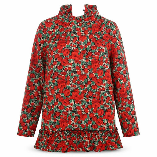 Front view of Missguided women’s red floral polyester a-line, size UK 8, high neck button