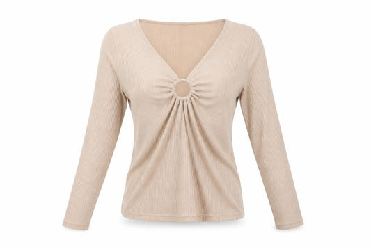 Front view of H&M women’s beige polyester pullover sweatshirt, size UK 4