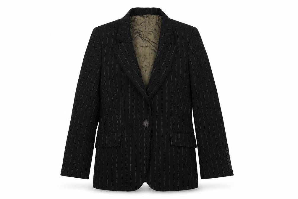Front view of Planet women’s black striped wool jacket suit jacket, size UK 8