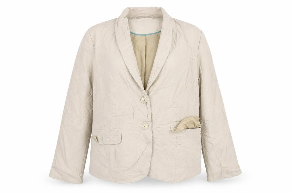 Front view of Bonmarché women’s beige linen jacket suit jacket, size UK 14
