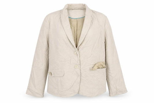 Front view of Bonmarché women’s beige linen jacket suit jacket, size UK 14