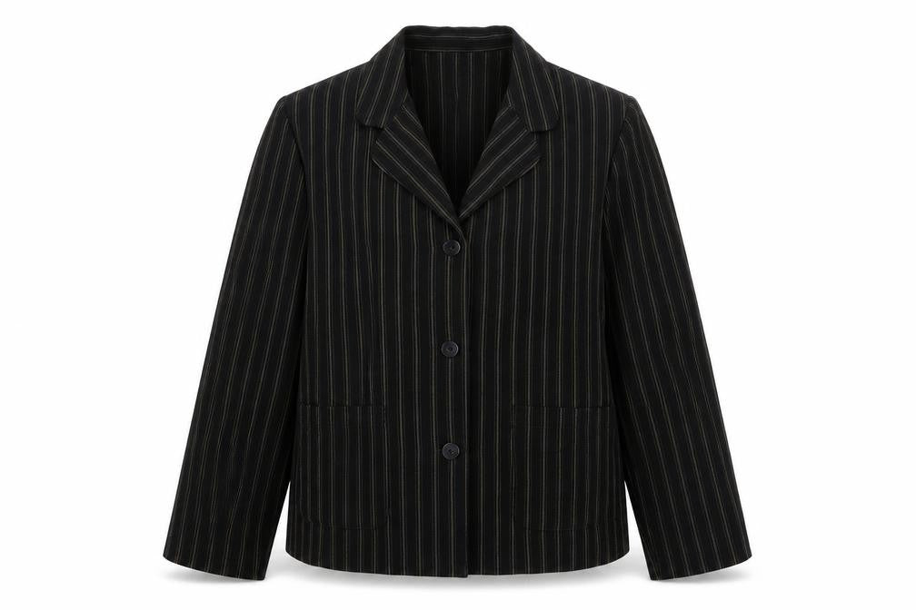 Front view of EWM women’s brown striped polyester jacket suit jacket, size UK 14