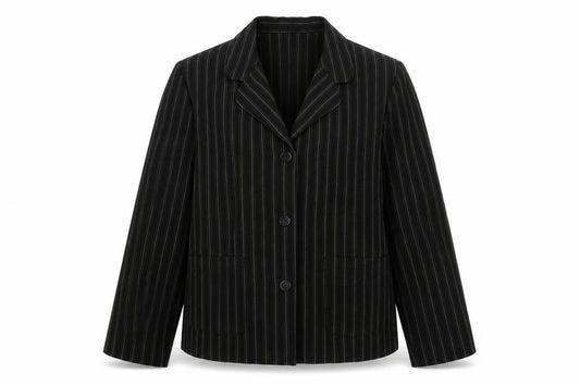 Front view of EWM women’s brown striped polyester jacket suit jacket, size UK 14