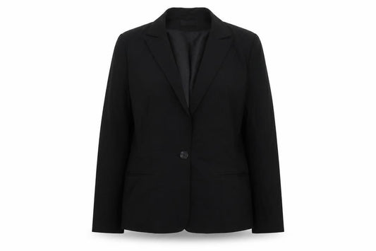 Front view of Essentials women’s black polyester jacket suit jacket, size UK 12