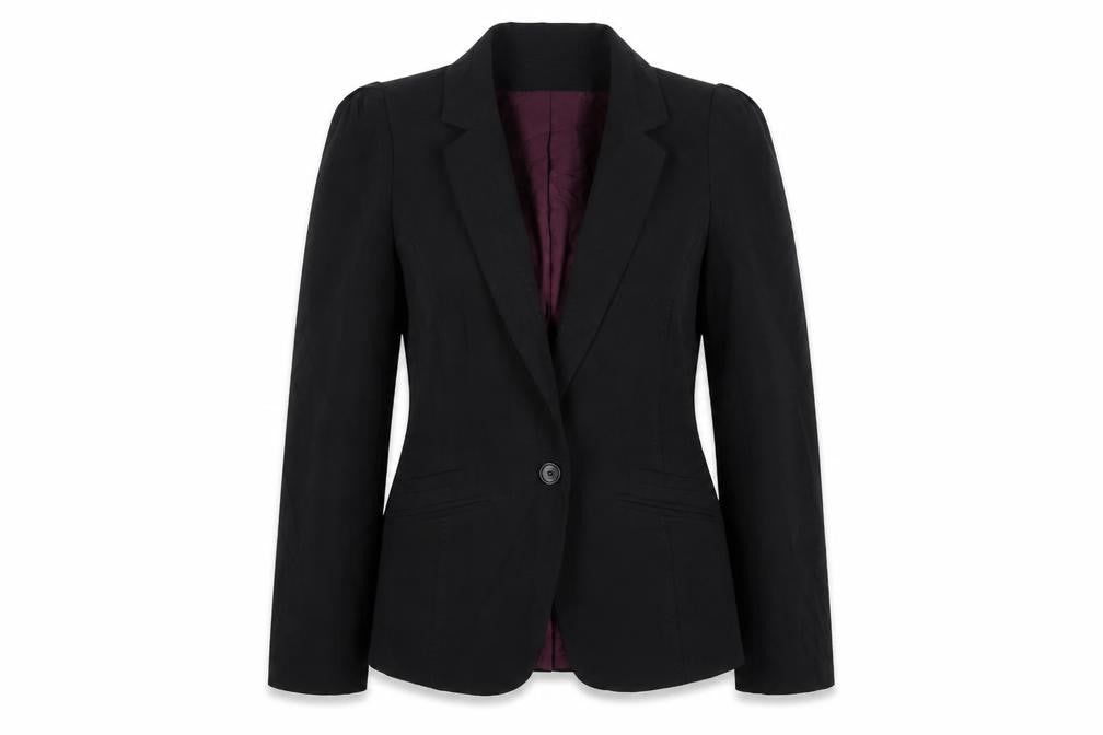 Front view of Atmosphere women’s black polyester jacket sport coat, size UK 12