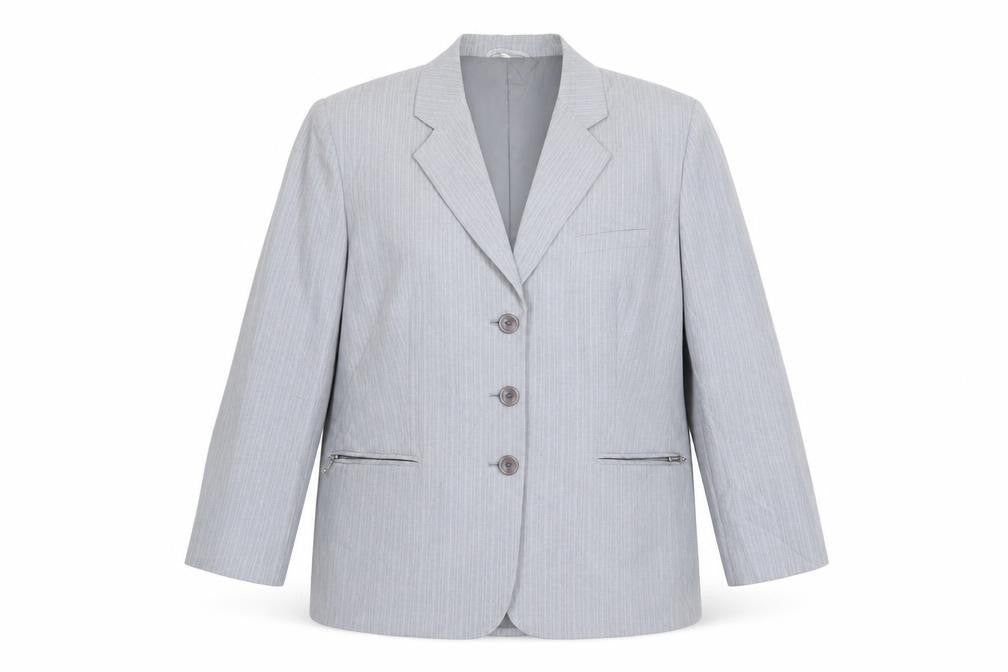 Front view of CLC women’s grey striped polyester jacket suit jacket, size UK 16
