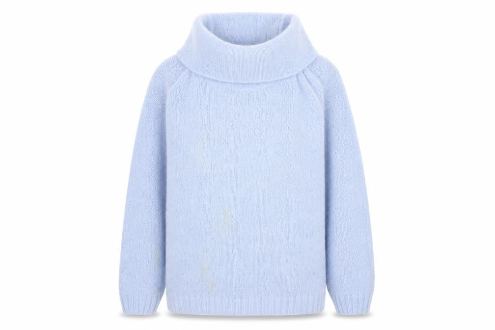 Front view of Papaya women’s blue roll neck acrylic jumper, size M