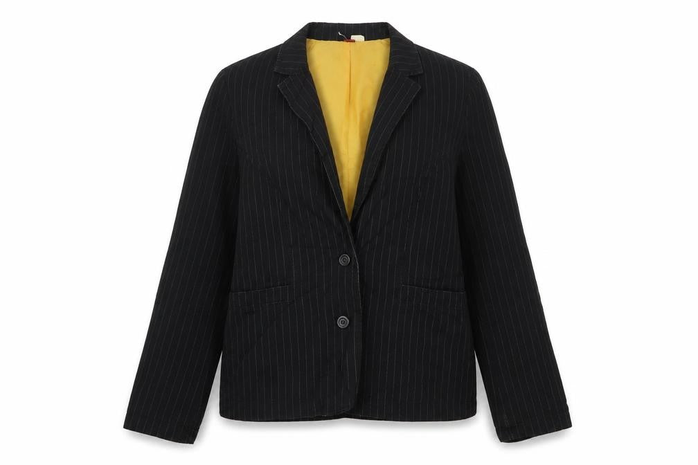 Front view of H&M women’s black striped cotton jacket suit jacket, size UK 10
