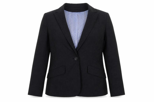 Front view of Autonomy women’s black striped polyester jacket suit jacket, size UK 14