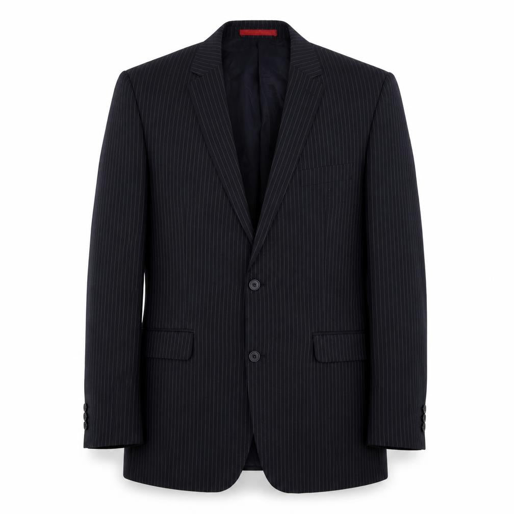 Front view of Burton men’s blue striped polyester jacket suit jacket, size 42