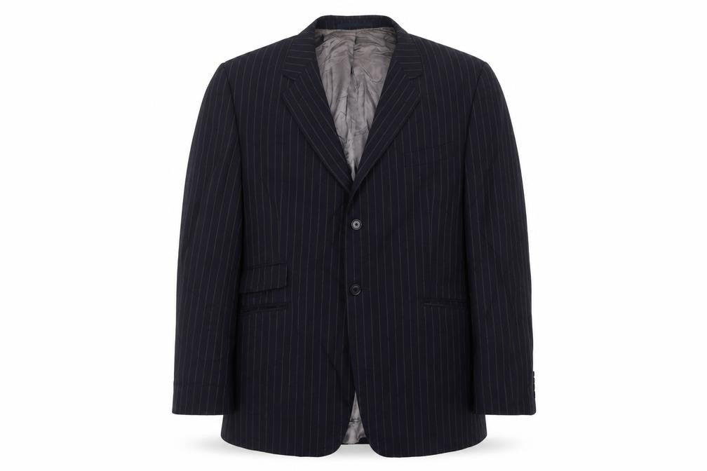 Front view of F&F men’s blue striped polyester jacket suit jacket, size 46