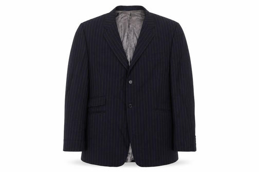 Front view of F&F men’s blue striped polyester jacket suit jacket, size 46