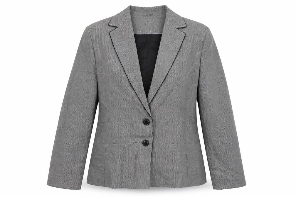 Front view of Marks & Spencer women’s grey geometric polyester jacket suit jacket, size UK 14
