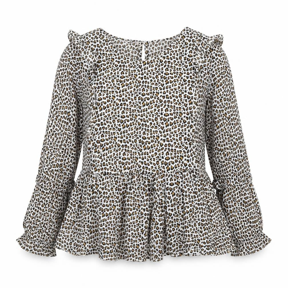 Front view of Gap girls’ multicoloured animal print cotton basic blouse, size S, round neck