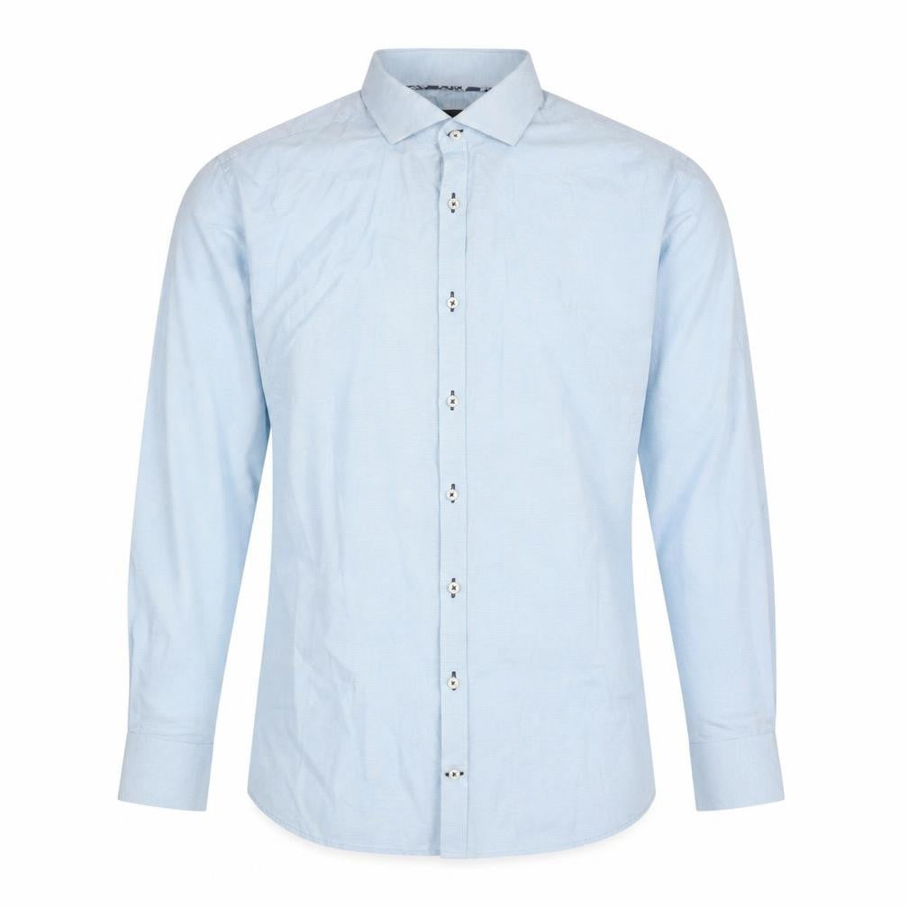 Front view of Bruun & Stengade men’s blue cotton button-up, size 42, collared button