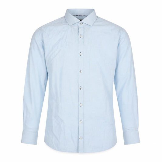 Front view of Bruun & Stengade men’s blue cotton button-up, size 42, collared button