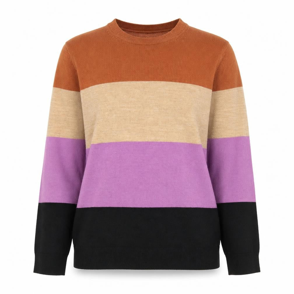 Front view of Marks & Spencer women’s multicoloured crew neck striped acrylic jumper, size UK 10