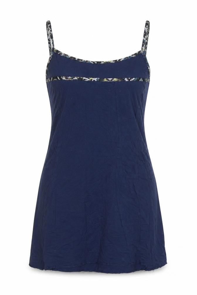 Front view of women’s blue polyester a-line, size S, square neck