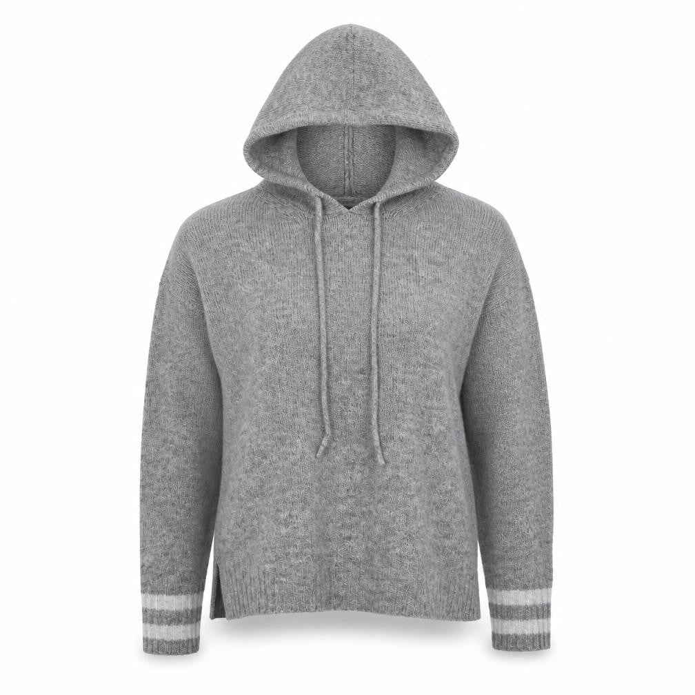 Front view of Primark women’s grey acrylic pullover hoodie, size UK 4, pullover