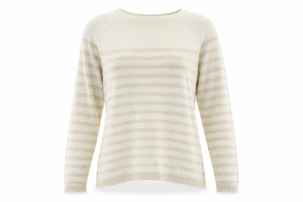 Front view of Gap women’s beige boat neck striped cotton jumper, size S