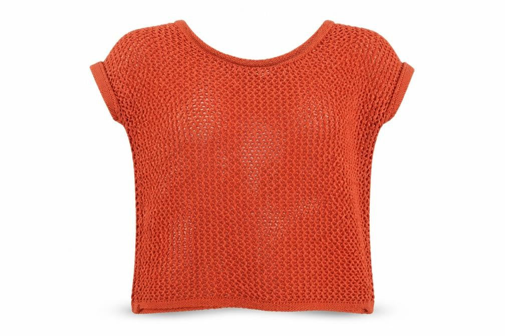 Front view of Balsamic women’s orange boat neck cotton jumper, size UK 18