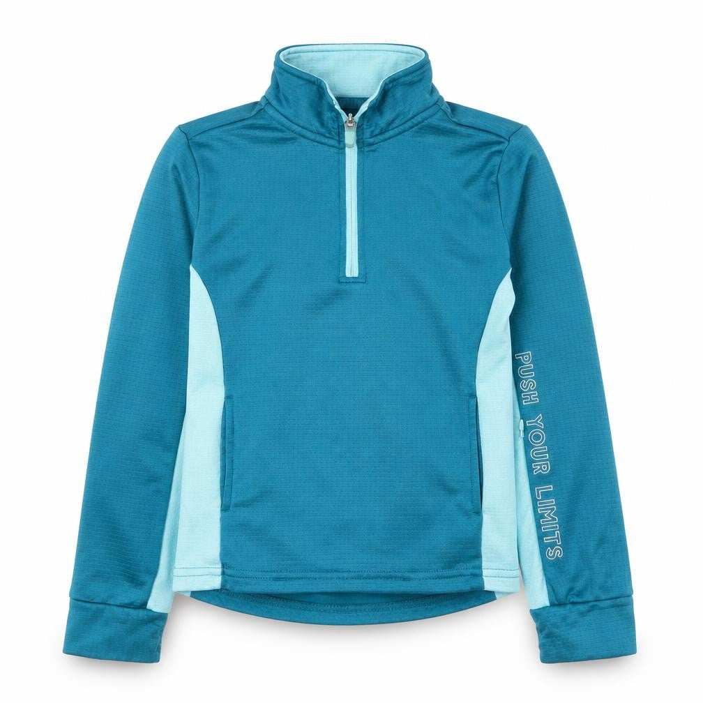 Front view of Dunnes girls’ blue polyester pullover sweatshirt, size 8-9, years pullover