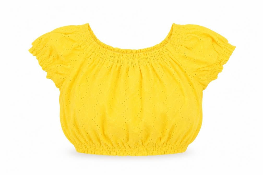 Front view of H&M women’s yellow cotton cropped blouse, size UK 8, round neck