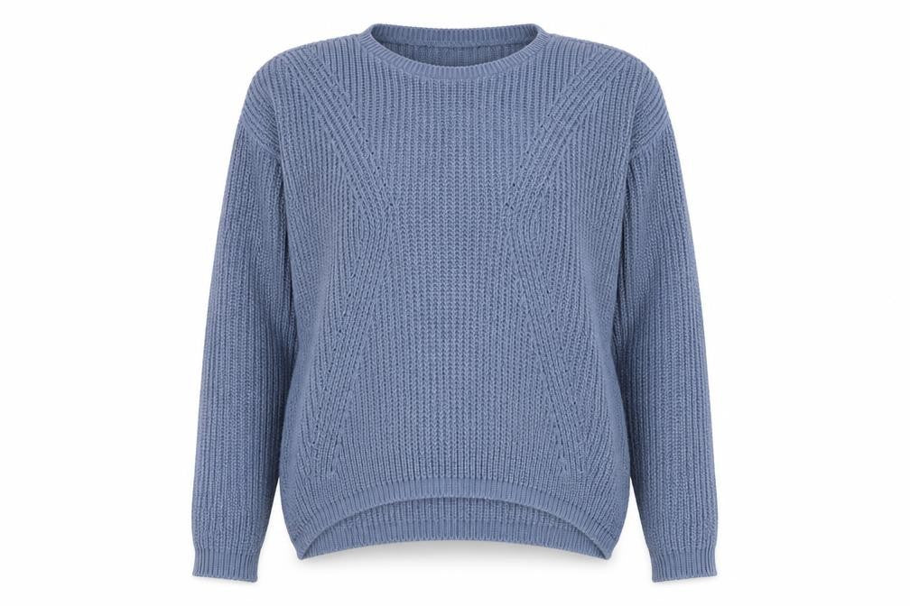 Front view of Bassini women’s blue round neck acrylic jumper, size M