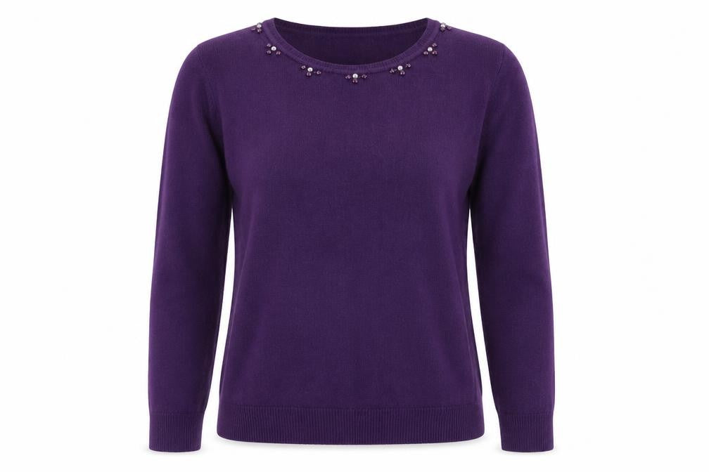 Front view of Simon Jeffrey women’s purple round neck acrylic jumper, size M