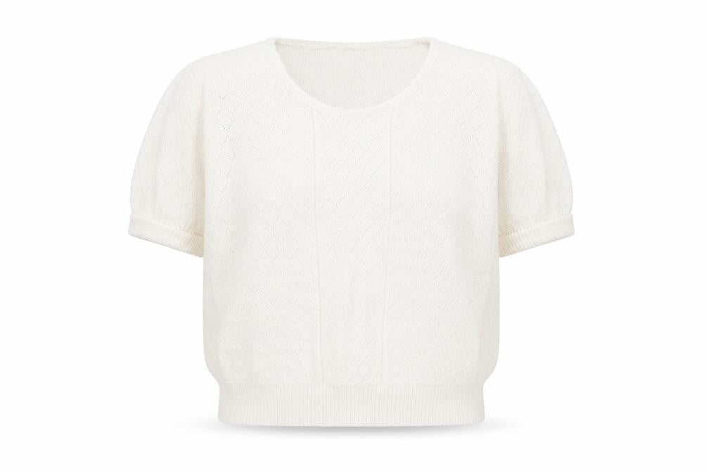 Front view of Something Special women’s white round neck acrylic jumper, size UK 8