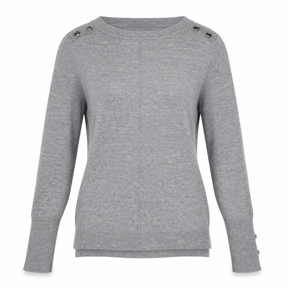 Front view of Primark women’s grey round neck acrylic jumper, size XS